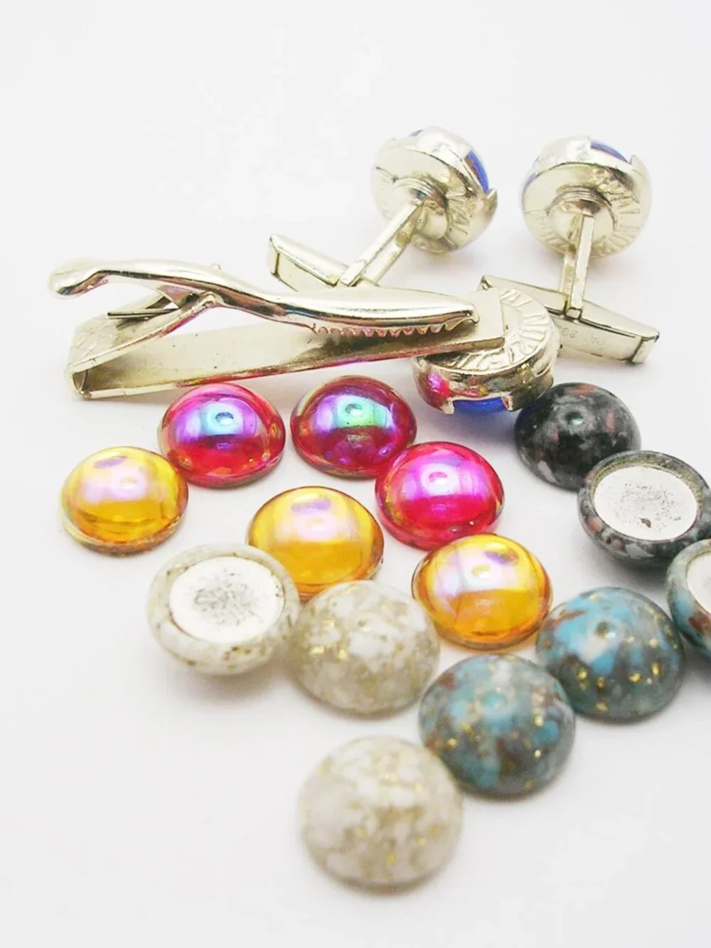 Vintage Cuff Links Tie Clip Set interchangeable magnetic Glass Cabochons